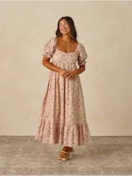 Floral Midi Dress With Smocked Bodice In Blush